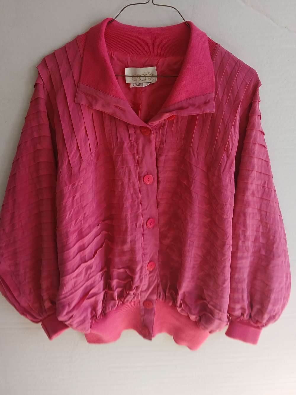 Vibrant Pink Pleated Button-Front Bomber Jacket